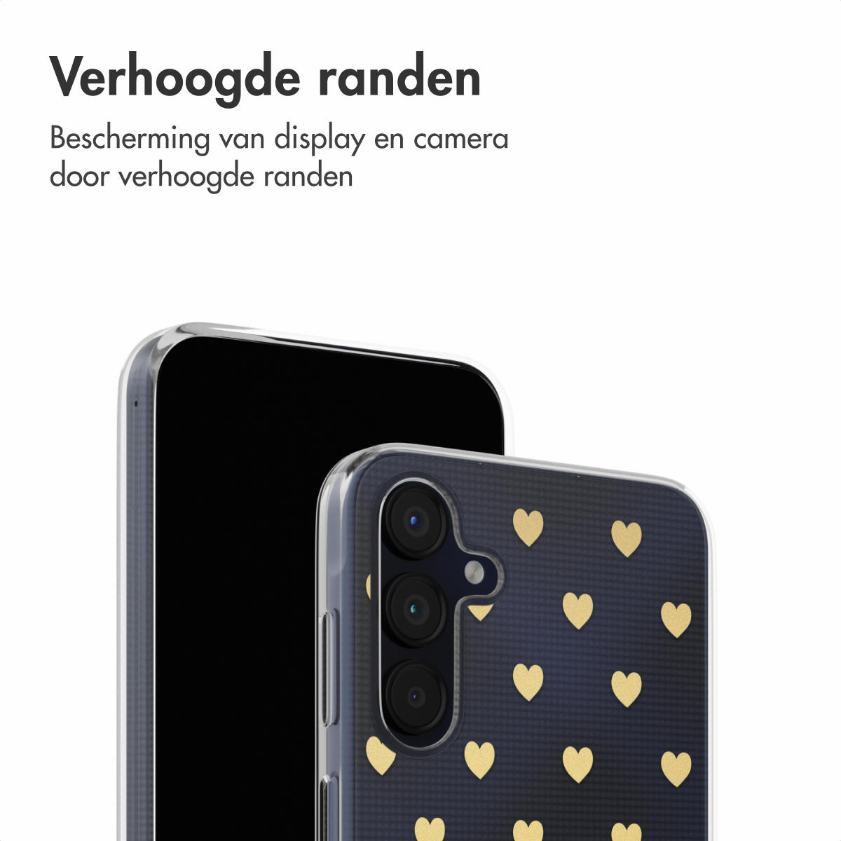 Un téléphone avec une coque à motifs, avec des cœurs dorés, à côté d'un téléphone sans coque.