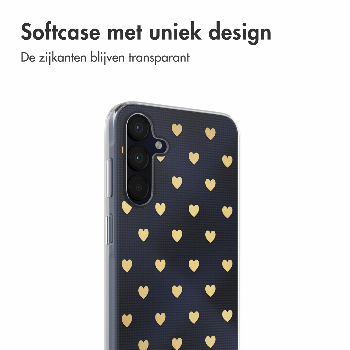 Coque de téléphone avec des cœurs dorés sur fond bleu foncé, vue rapprochée.