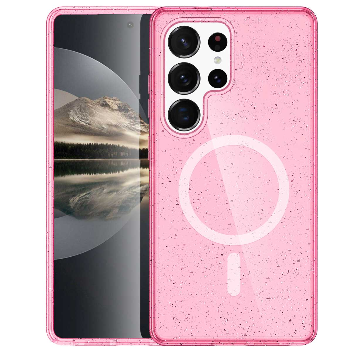 Een roze telefoonhoesje met een gespikkelde textuur en een witte cirkel op de achterkant.