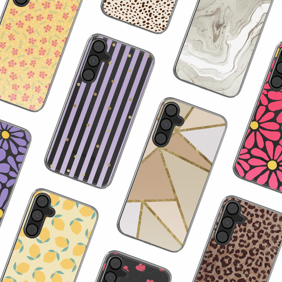 Verschillende telefoonhoesjes met verschillende designs: bloemen, strepen en dierenprints op wit.