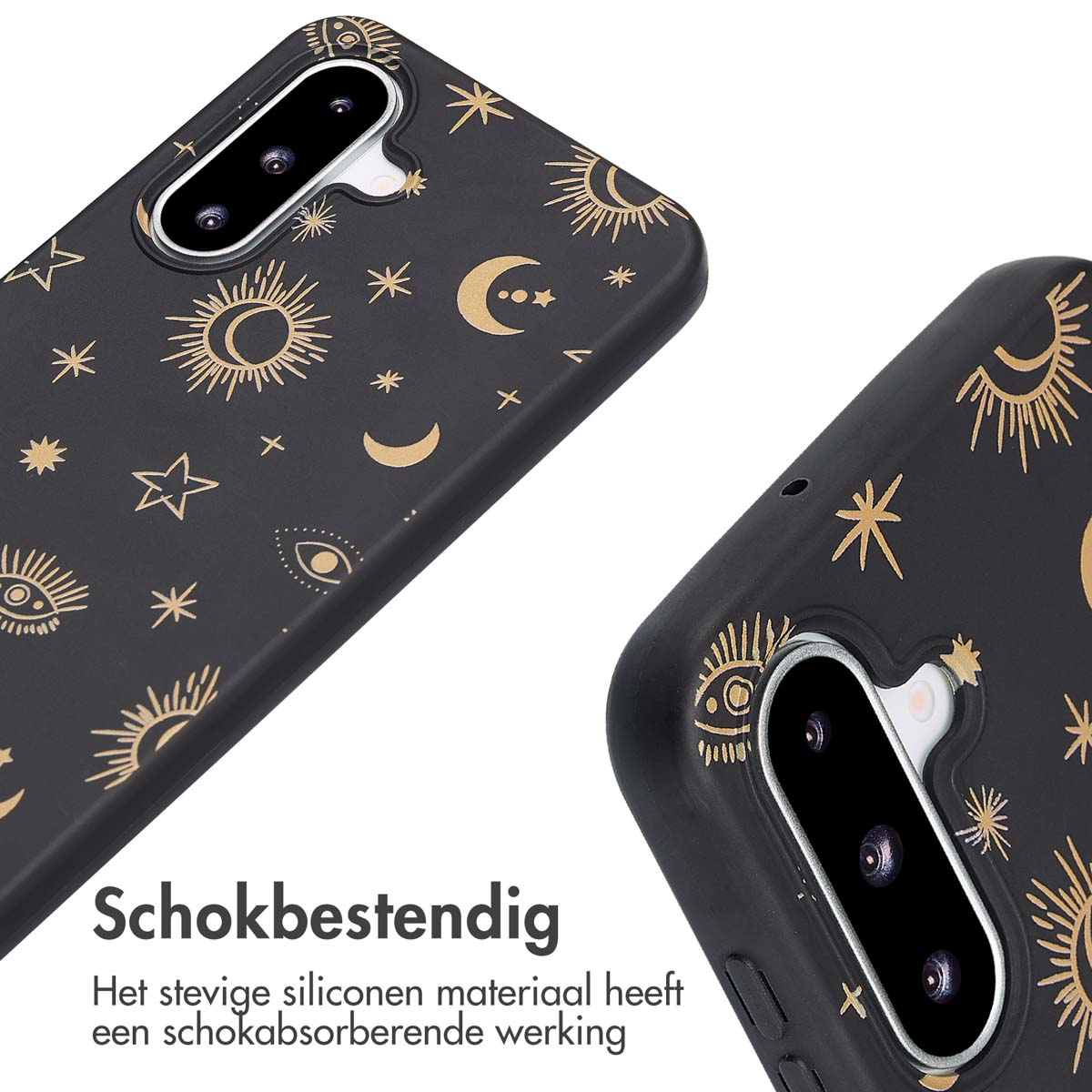 Zwarte telefoonhoes met gouden hemelse ontwerpen. De hoes toont sterren, manen en zonnen.
