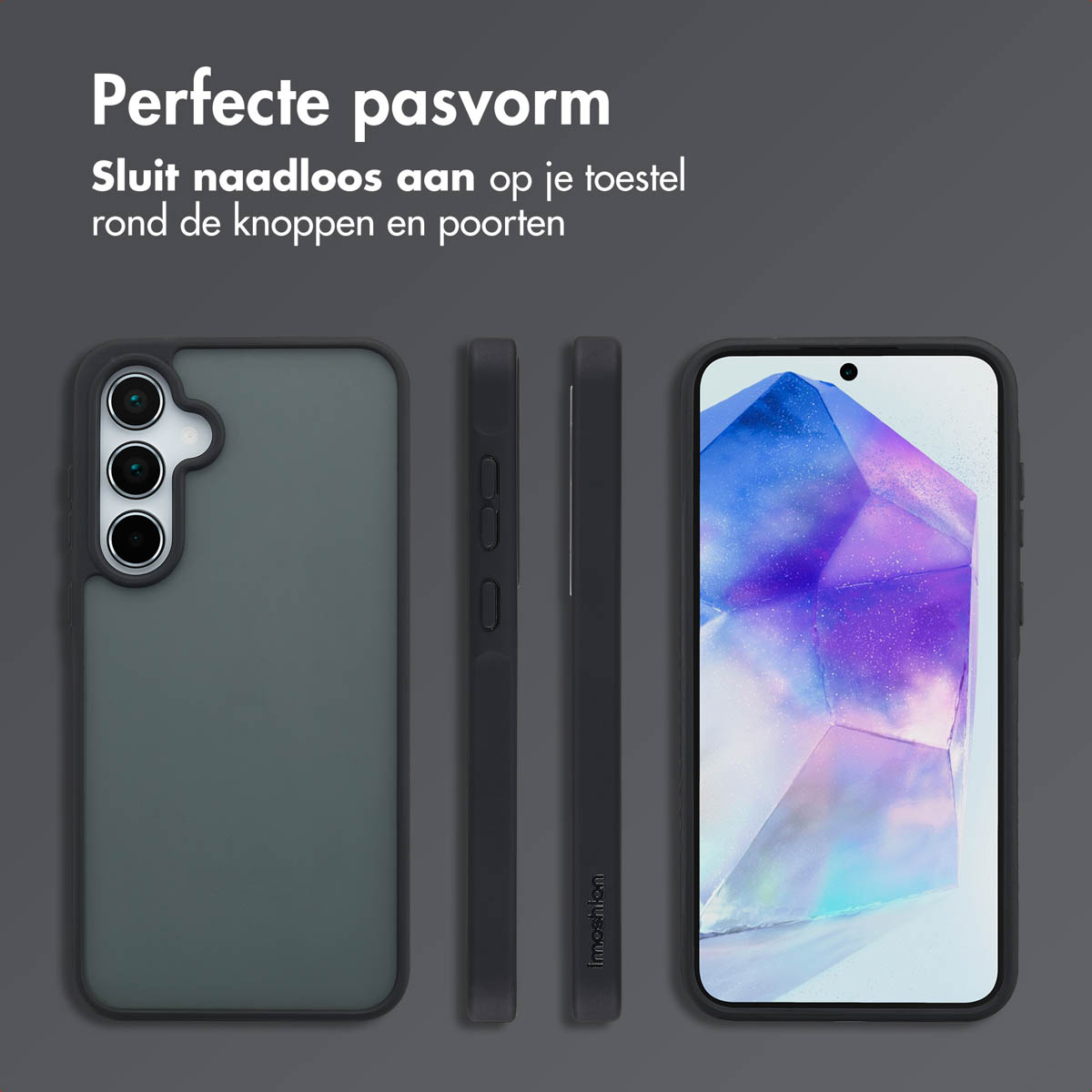 Drie telefoonhoesjes, donkergroen. Eén toont de zijkant, één de bovenkant en één de telefoon.
