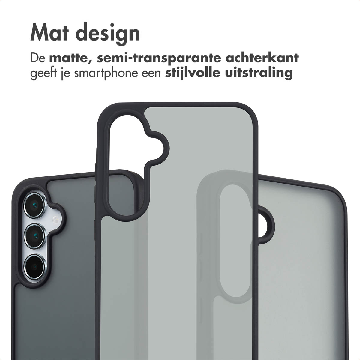 Drie grijze telefoonhoesjes worden weergegeven. De hoesjes hebben een matte afwerking en camera-uitsparing.