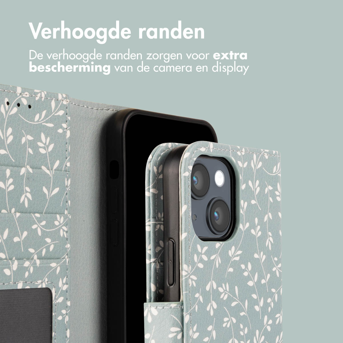 Téléphone dans un étui floral bleu, présentant des bords surélevés pour la protection de l'appareil photo et de l'écran.