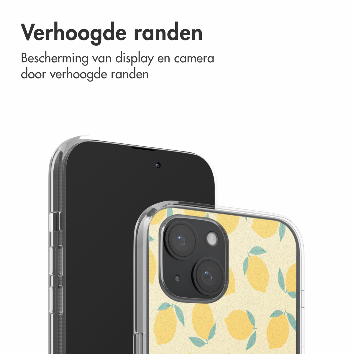 Telefoonhoesje met citroenpatroon, doorzichtige randen. Telefoon met zwart scherm.
