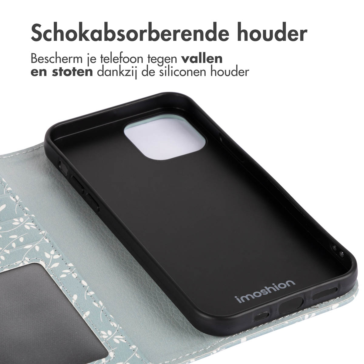 Coque de téléphone avec un motif floral, ouverte pour révéler le téléphone. Texte : Support absorbant les chocs.