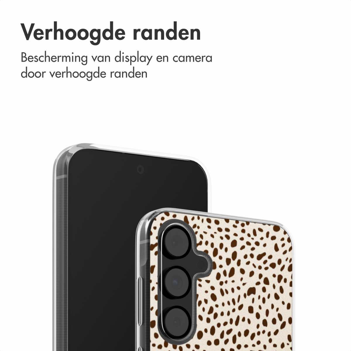 Telefoonhoesje met een luipaardprint, naast een telefoon op een witte ondergrond. Tekst.