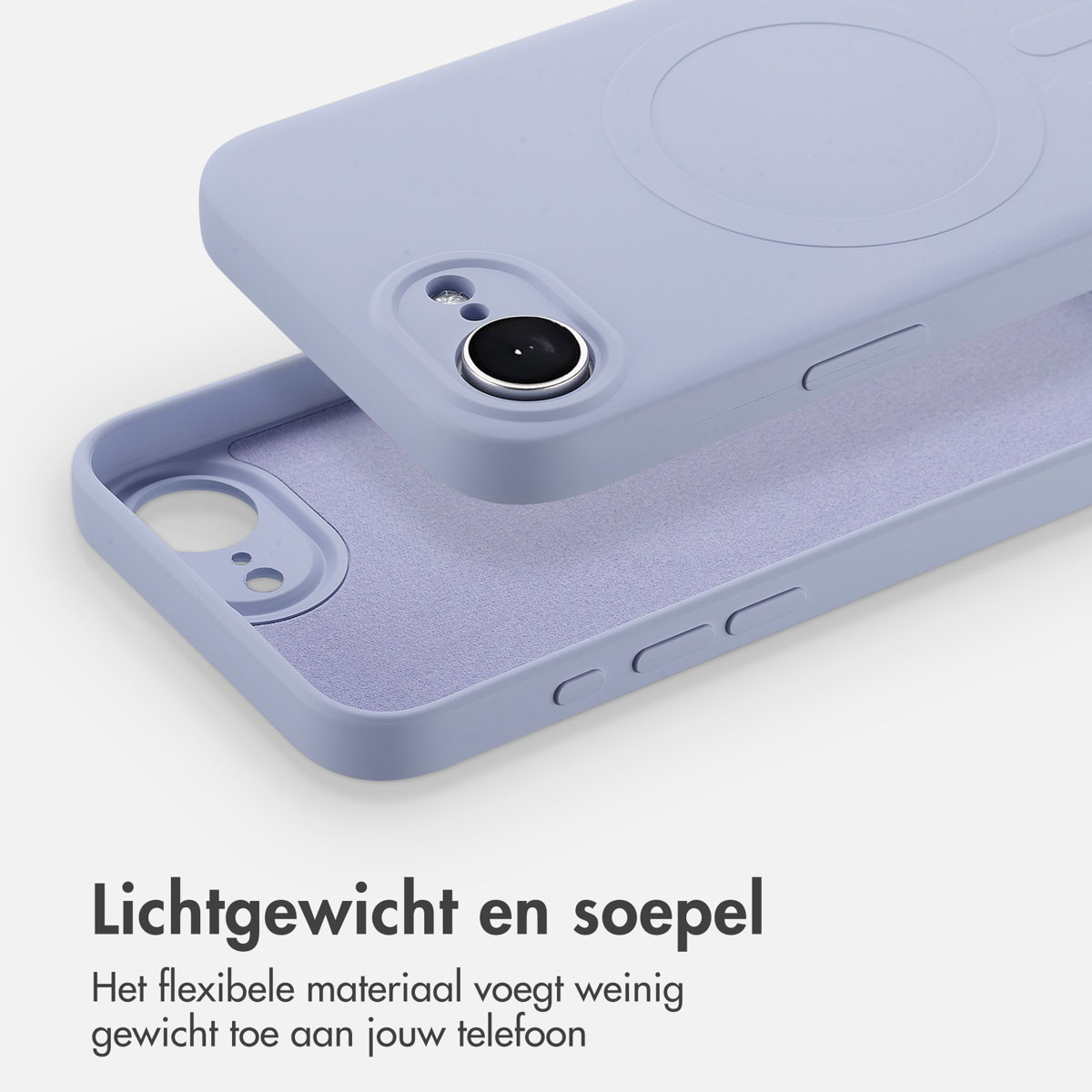 Coque de téléphone bleu clair. Texte : 'Légère et souple'. Intérieur violet.