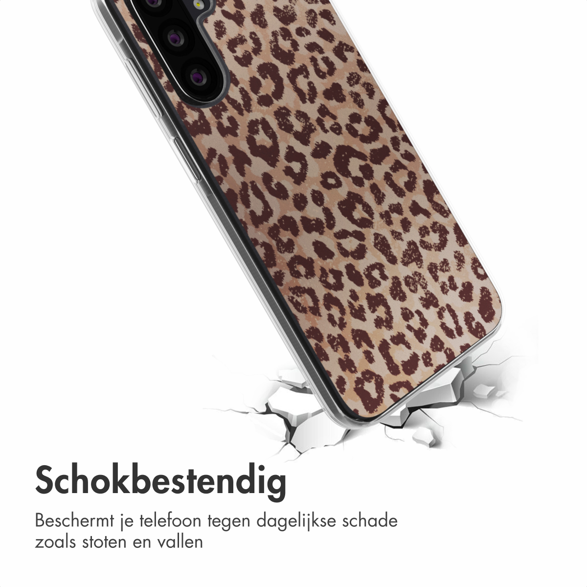 Coque de téléphone avec un motif léopard. La coque brise une surface, démontrant qu'elle est antichoc.