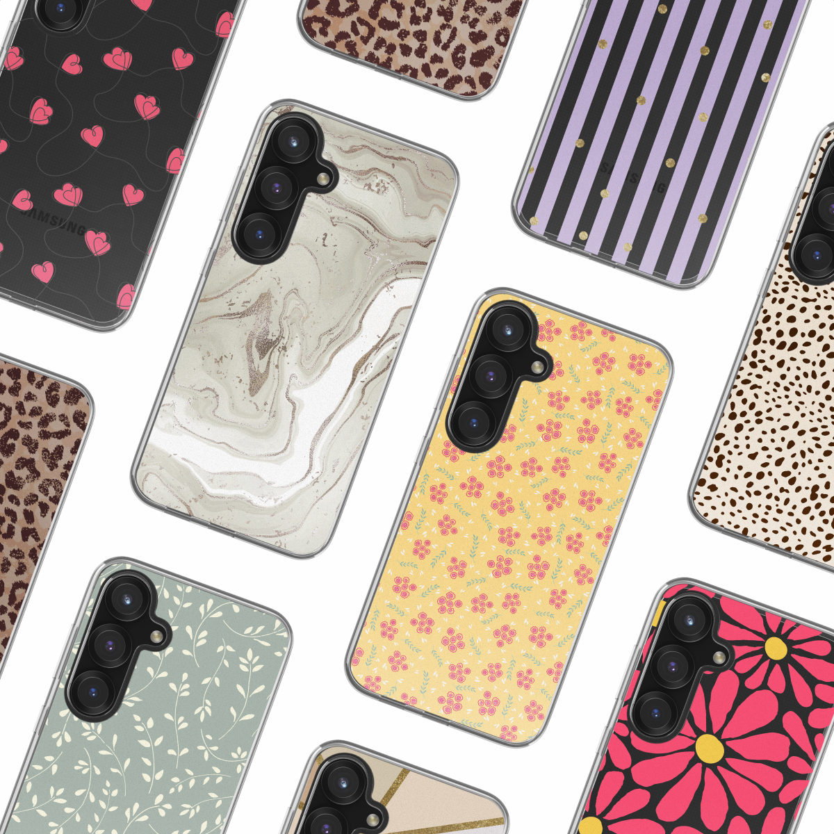 Telefoonhoesjes met diverse patronen: bloemen, marmer en strepen. Meerdere ontwerpen worden getoond.