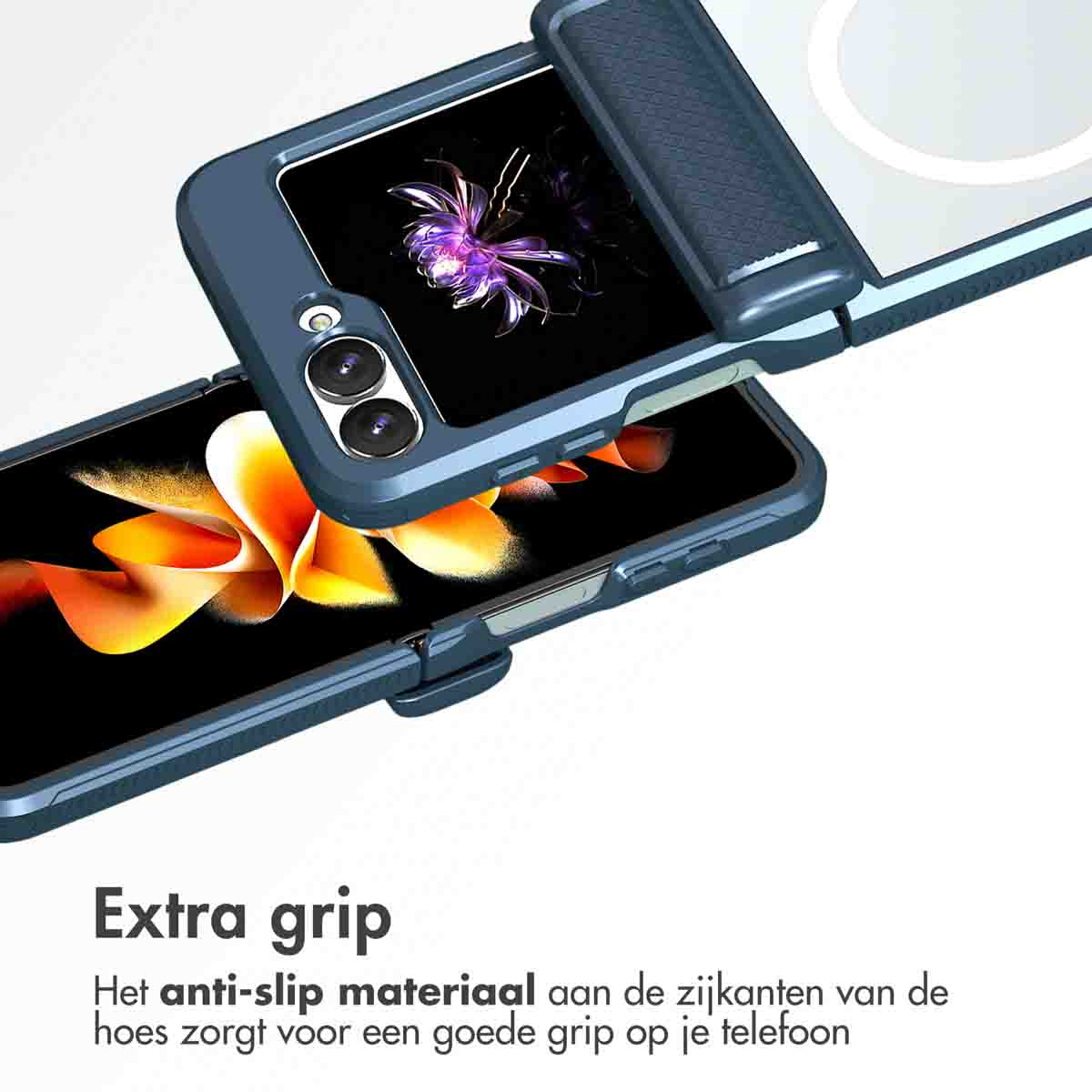 Close-up van telefoonhoesje. Blauwe hoes, telefoon in frame. Witte achtergrond.