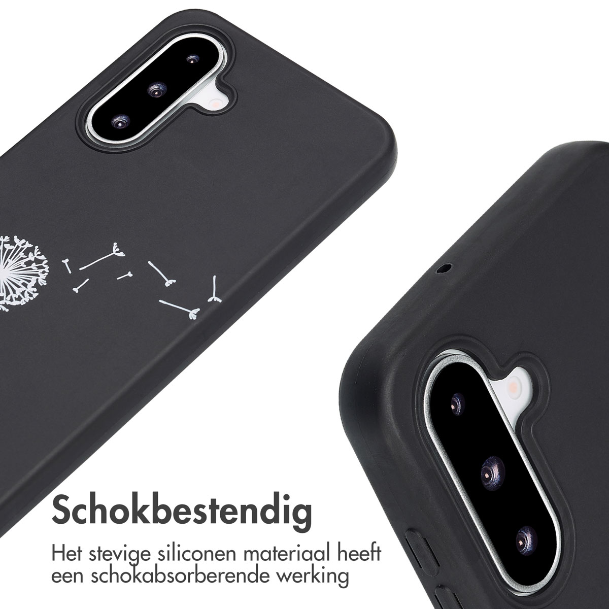 Zwarte telefoonhoes met paardenbloem ontwerp. Witte achtergrond, close-up van de hoes.