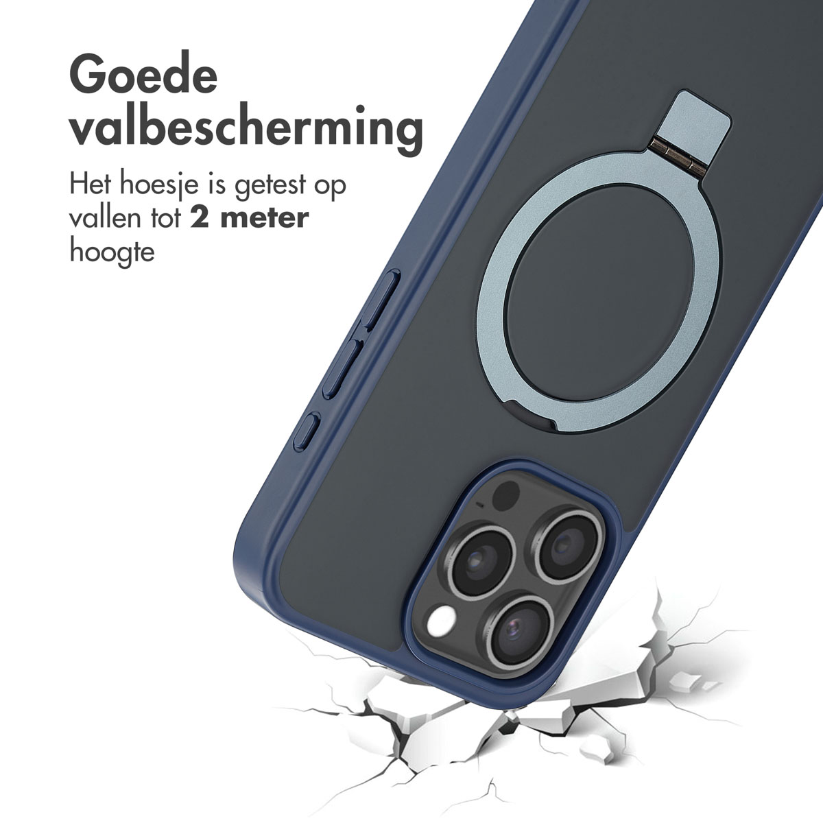 Custodia per telefono con cornice blu e anello magnetico, che mostra crepe da impatto per una caduta.