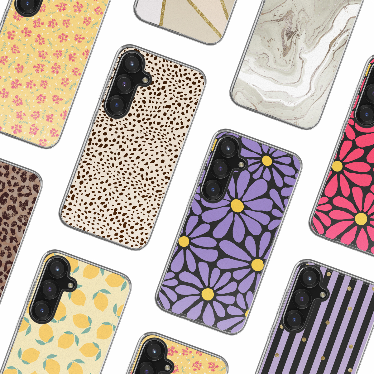 Diverse telefoonhoesjes met verschillende ontwerpen: bloemen, luipaard, marmer en meer. Witte achtergrond.