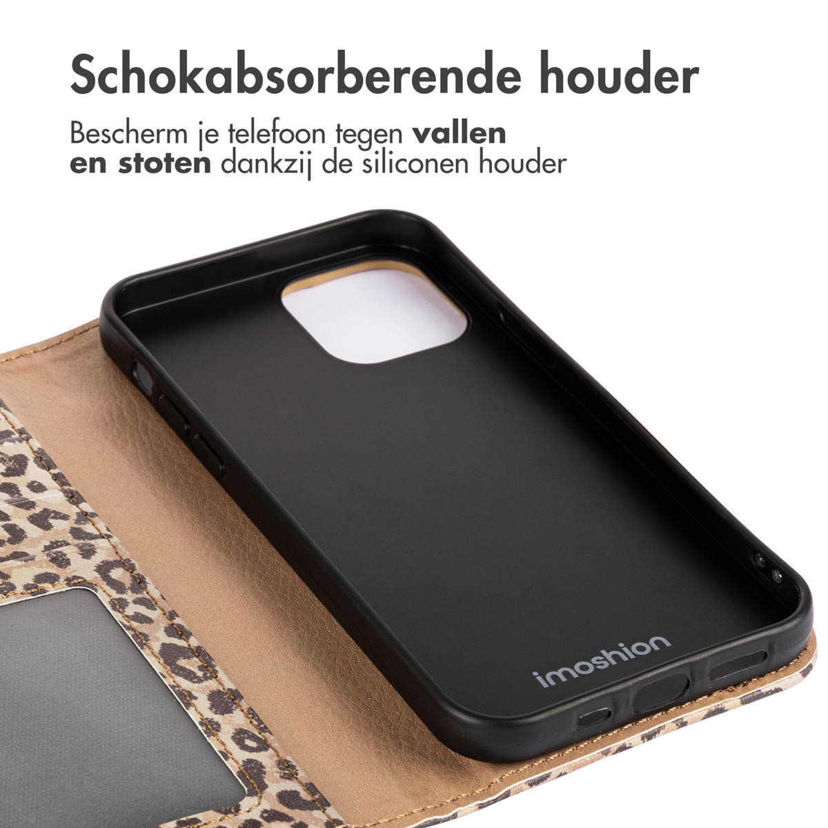Zwarte telefoonhoes met een luipaardprint hoes. De hoes toont de binnenkant, een siliconen houder.