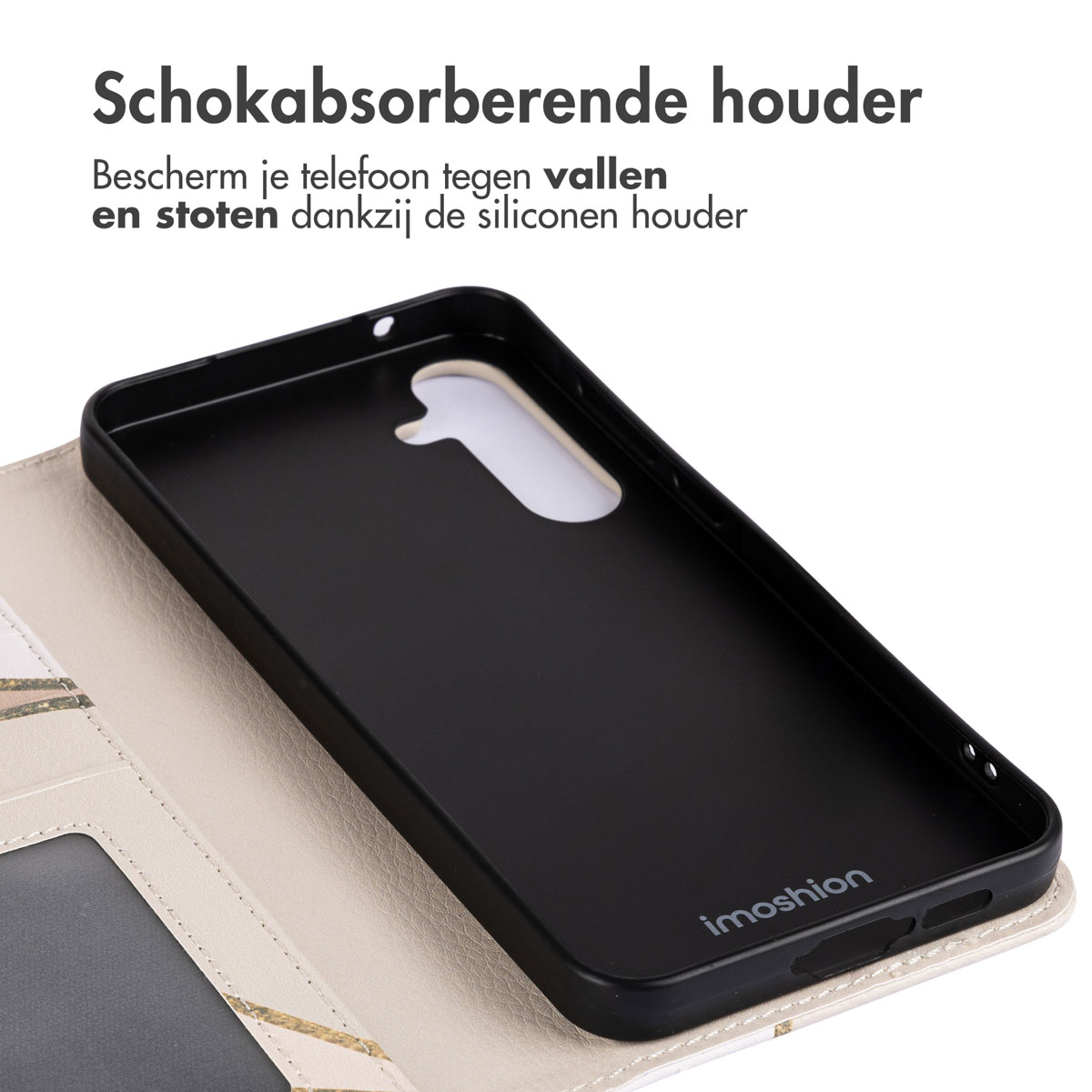 Intérieur de coque de téléphone avec un téléphone. La coque est noire et a un support protecteur.