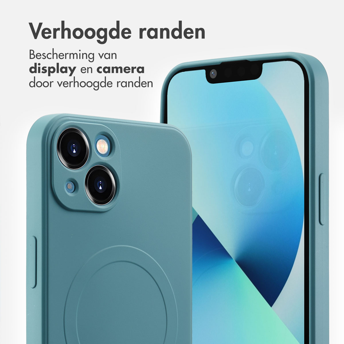 Telefoonhoesje met verhoogde randen. De telefoon is blauwgroen. De hoes beschermt het scherm en de camera.