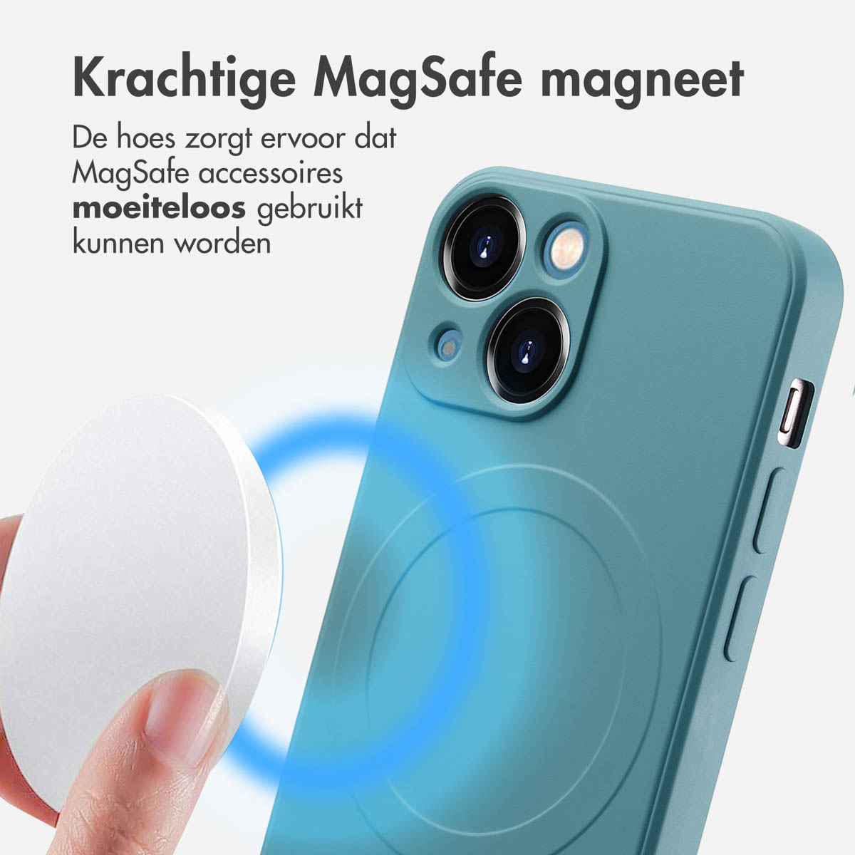 Coque de téléphone turquoise avec un chargeur MagSafe blanc attaché, avec des lignes d'énergie bleues.