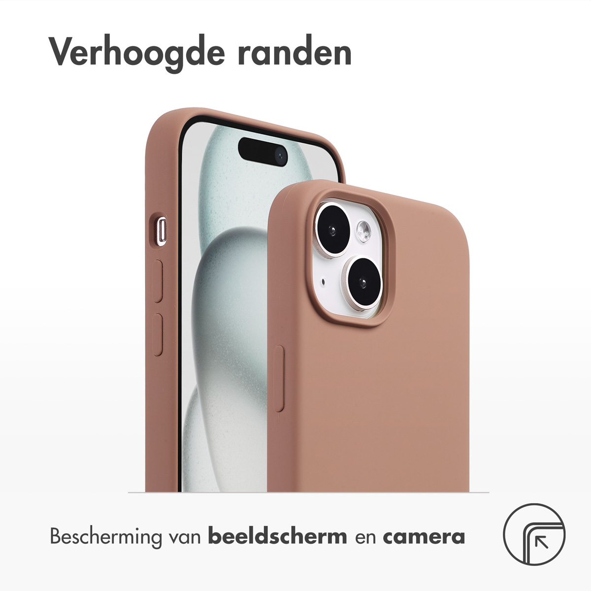 Een telefoon in een bruine hoes. De telefoon toont het scherm. De hoes bedekt de telefoon gedeeltelijk. De achtergrond is wit.