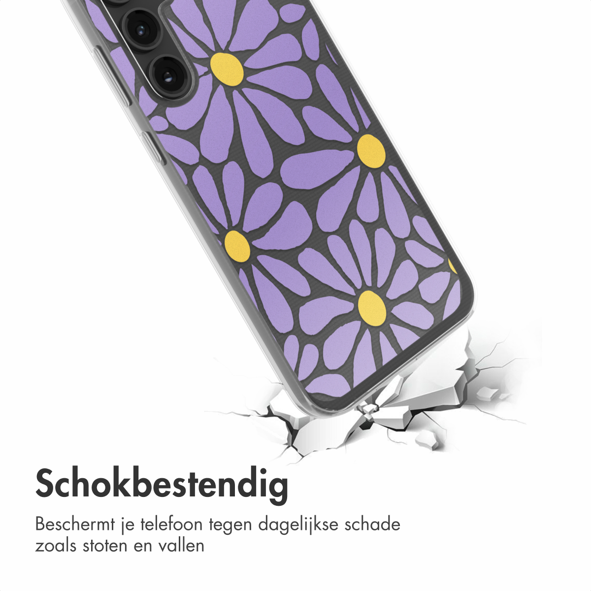 Telefoonhoesje met paars bloemenpatroon. Telefoon valt op gebarsten wit oppervlak.
