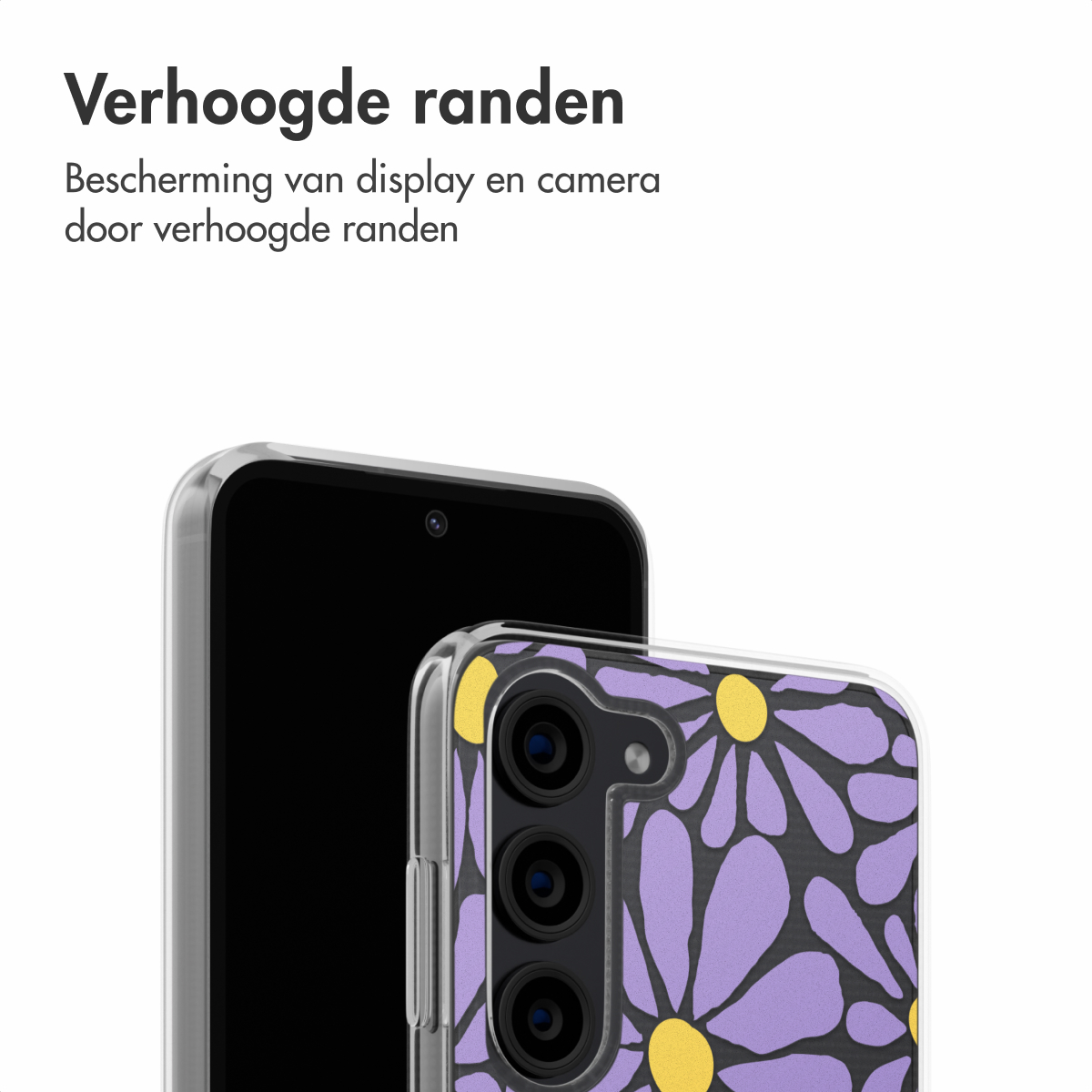 Een telefoon in een hoesje. De hoes heeft paarse bloemen met gele centers.