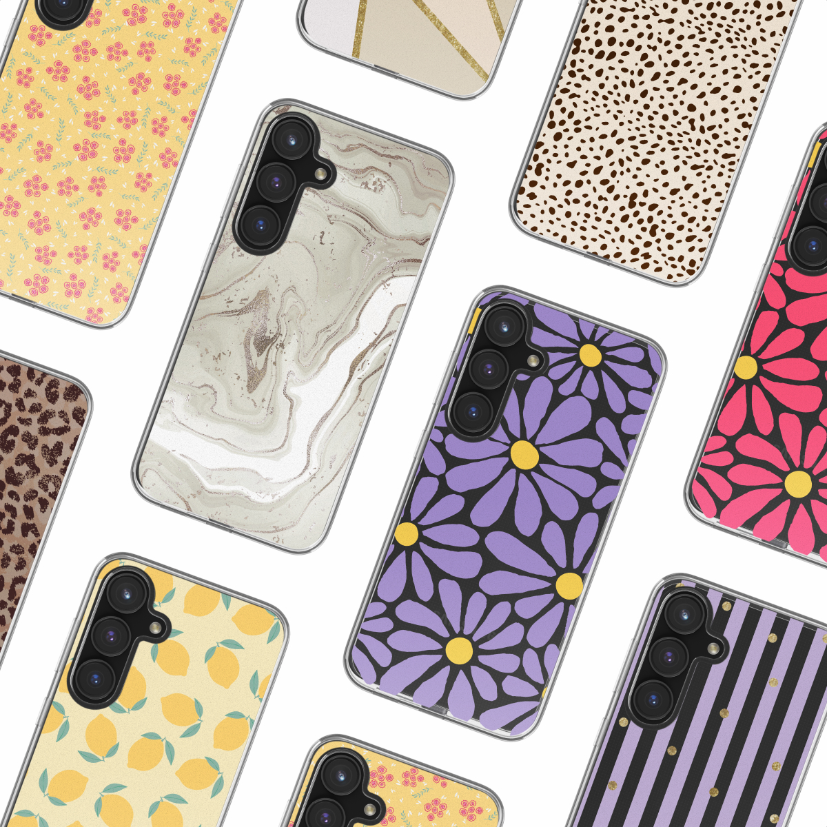 Een verzameling telefoonhoesjes met diverse patronen. Inclusief bloemen, marmer en dierenprints.