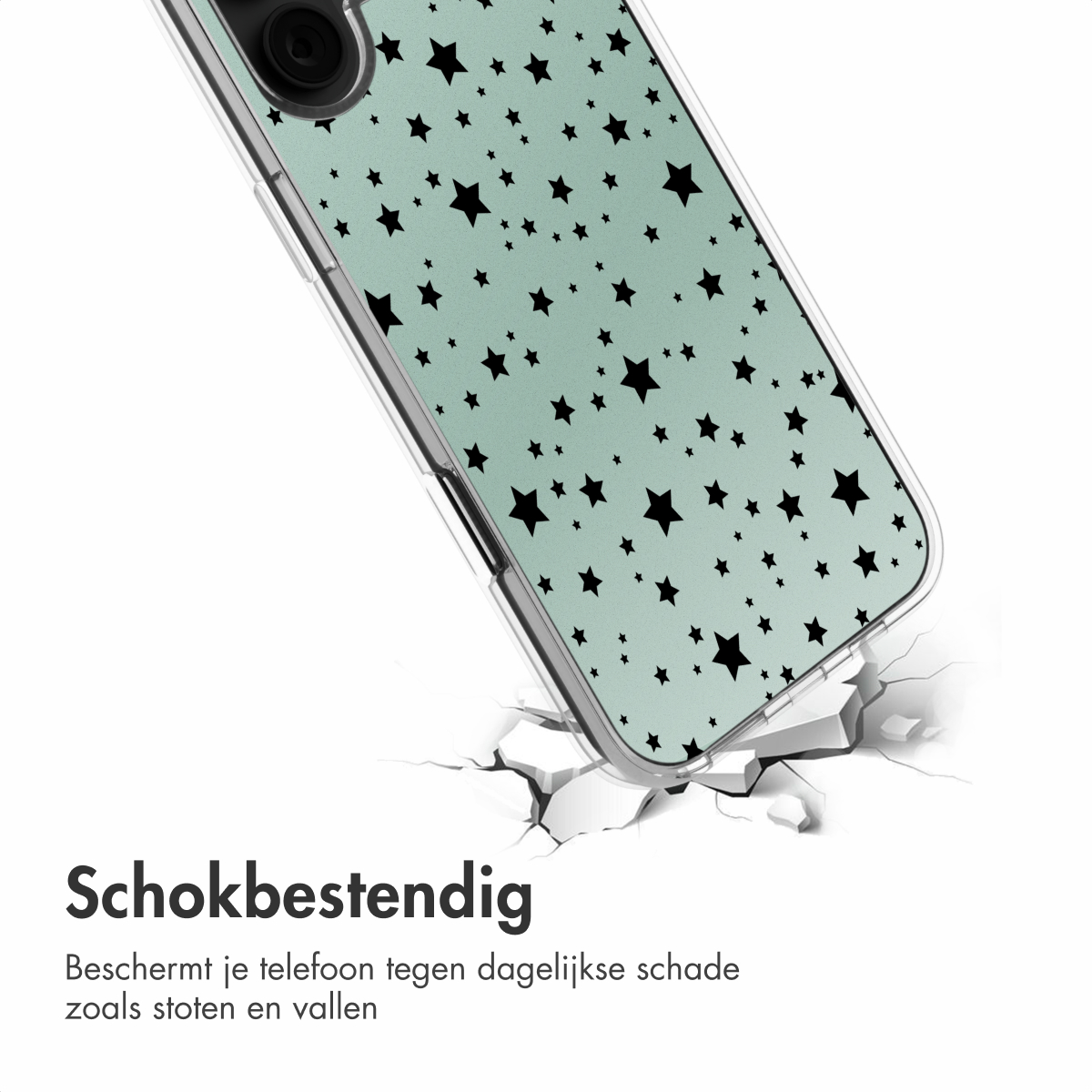 Een telefoonhoesje met een sterrenpatroon op een groene achtergrond. De hoes breekt een oppervlak.