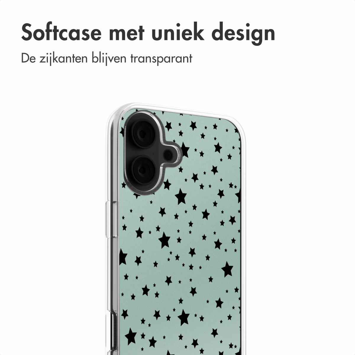Transparante telefoonhoes met zwart sterrenpatroon, die de achterkant van een telefoon laat zien.
