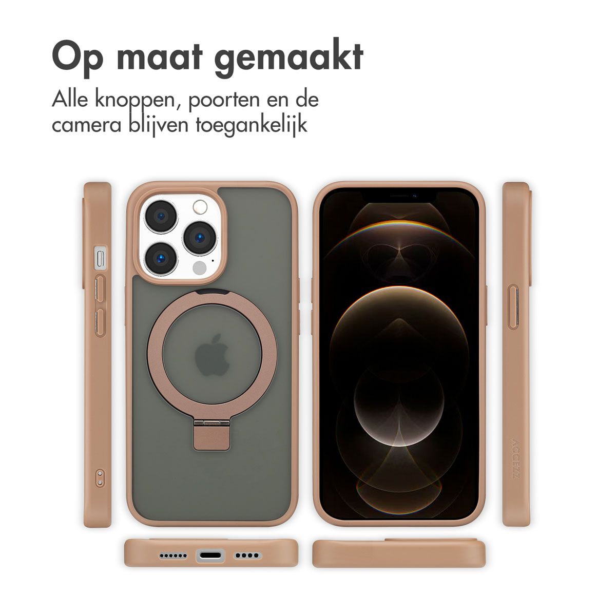 Une coque de téléphone sur une surface blanche. La coque est beige avec un anneau.