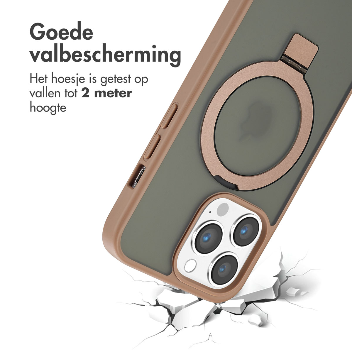 Une coque de téléphone avec un téléphone et un anneau métallique. La coque est sur fond blanc.
