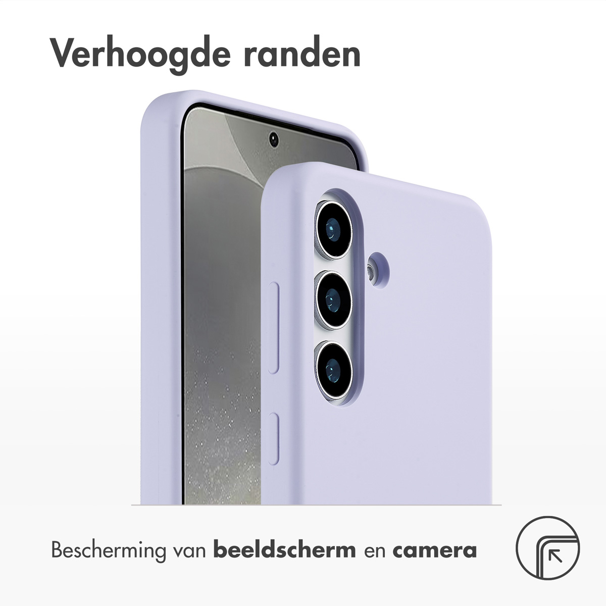 Een telefoon in een lichtpaarse hoes. De hoes beschermt het scherm en de camera van de telefoon.