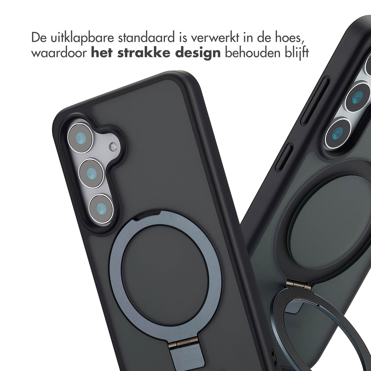 Twee zwarte telefoonhoesjes met een ringstandaard. Eén hoesje is open om de ringstandaard te laten zien.