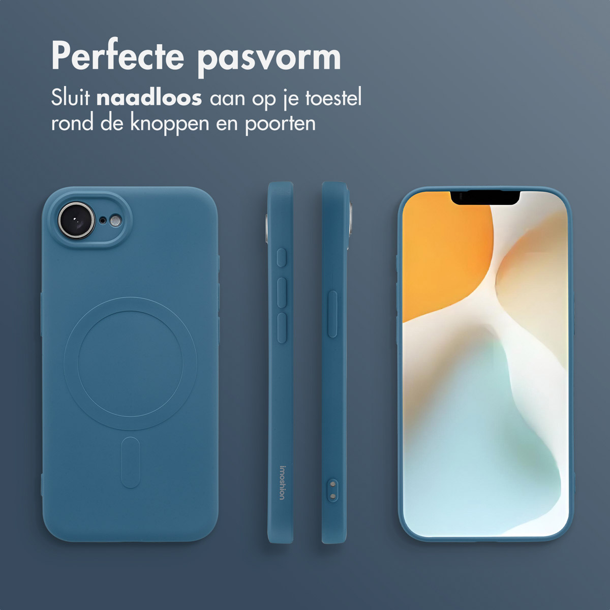 Trois vues d'un téléphone bleu avec une coque bleue. Texte : 'Perfecte pasvorm'. Fond bleu.