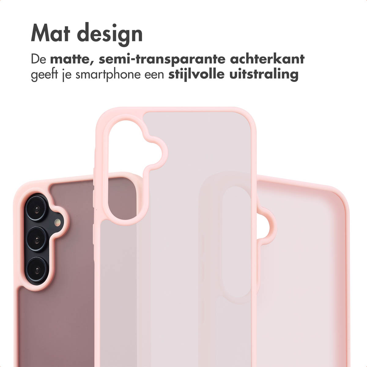 Drie roze telefoonhoesjes. Twee zijn gedeeltelijk zichtbaar en tonen een mat, semi-transparant ontwerp.