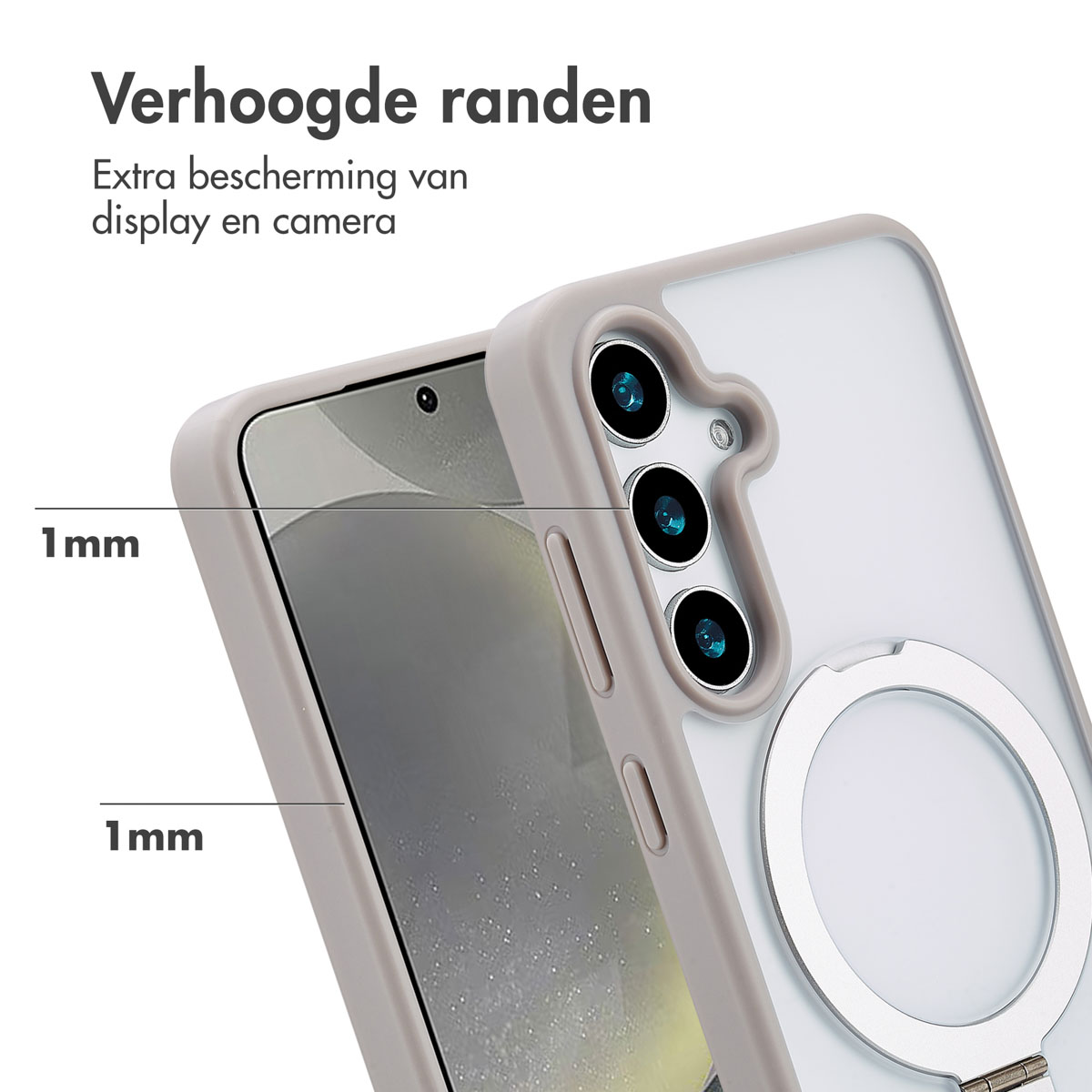 Een telefoonhoesje met een ring. De randen van het hoesje zijn grijs.