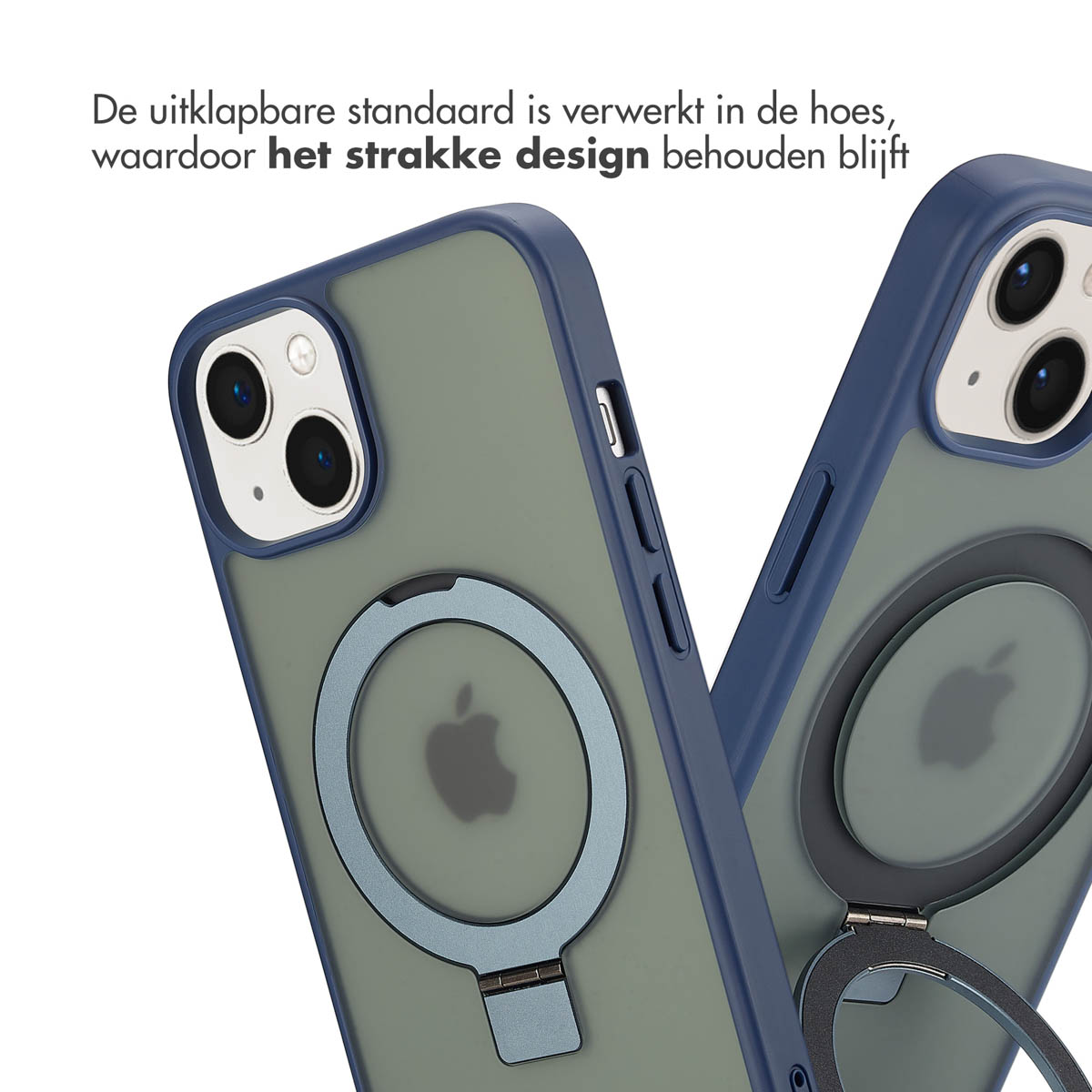 Zwei Handyhüllen, eine mit blauem Ring, werden gezeigt. Sie befinden sich auf einer weißen Oberfläche.