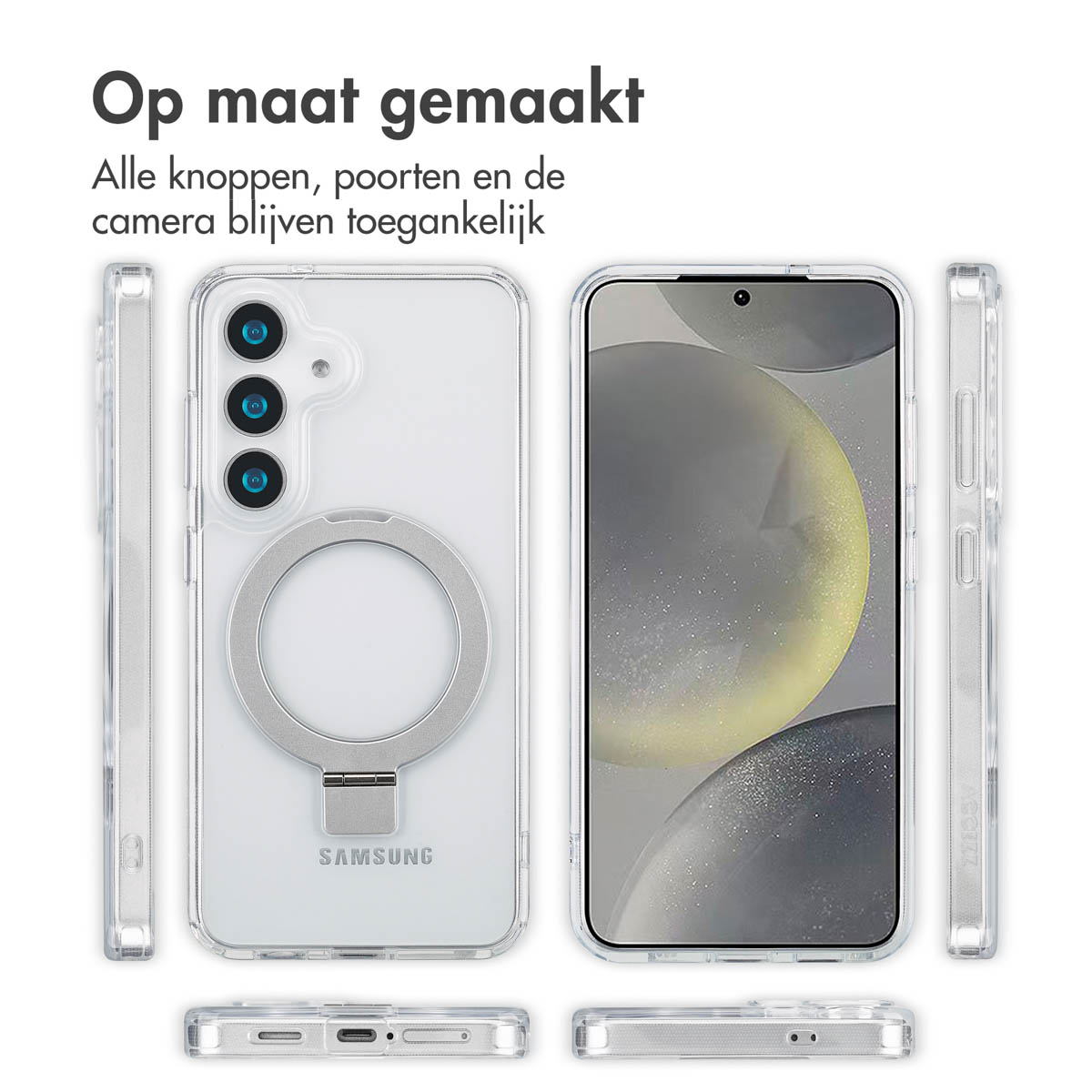 Telefoon in een doorzichtige hoes met een ringhouder, en afbeeldingen van de hoes vanuit verschillende hoeken.
