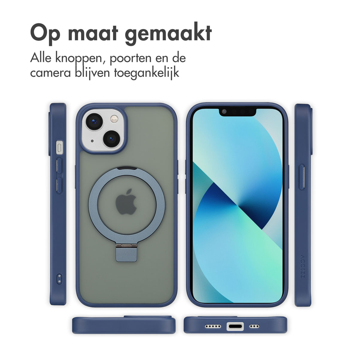 Verschiedene Handyhüllen in Blau werden gezeigt, mit verschiedenen Teilen des Telefons.