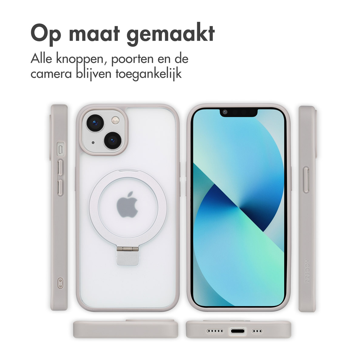 Handyhülle mit Telefon, Seitenansichten. Hülle ist grau, Telefon ist weiß mit Apple-Logo. Der Text lautet: Op maat gemaakt.