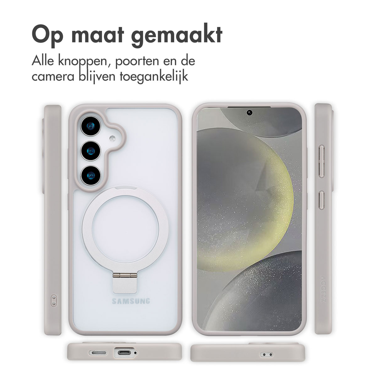 Telefoon met een grijze hoes. Meerdere hoeken getoond. De hoes heeft uitsparingen voor knoppen en camera.