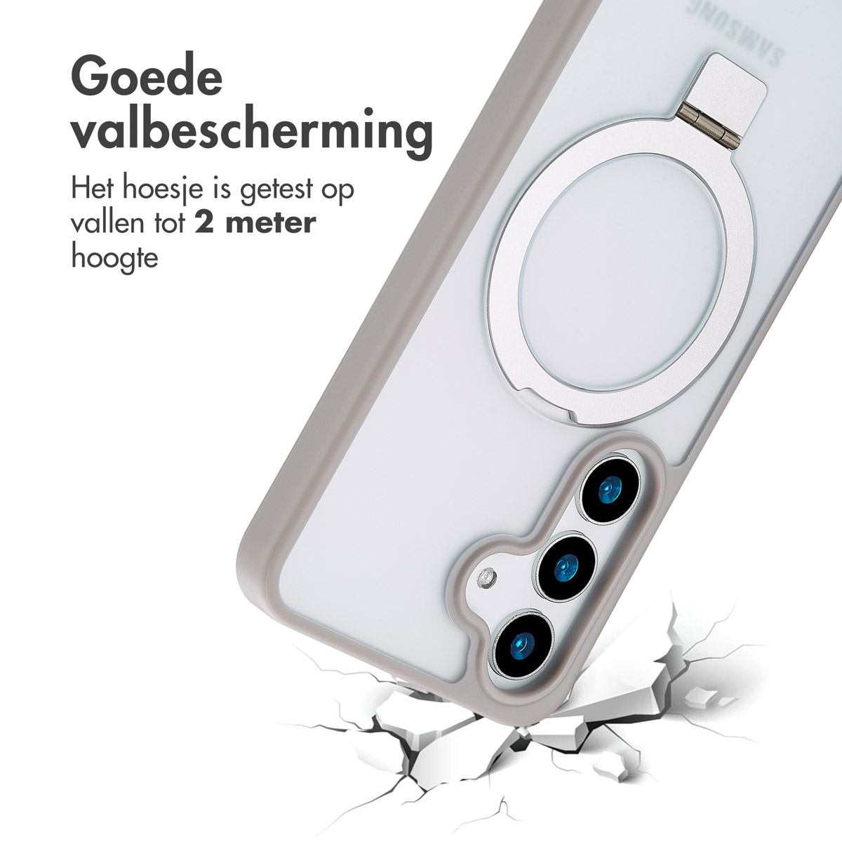 Een telefoonhoesje met een ringhouder. De telefoonhoes is grijs met een witte achtergrond.
