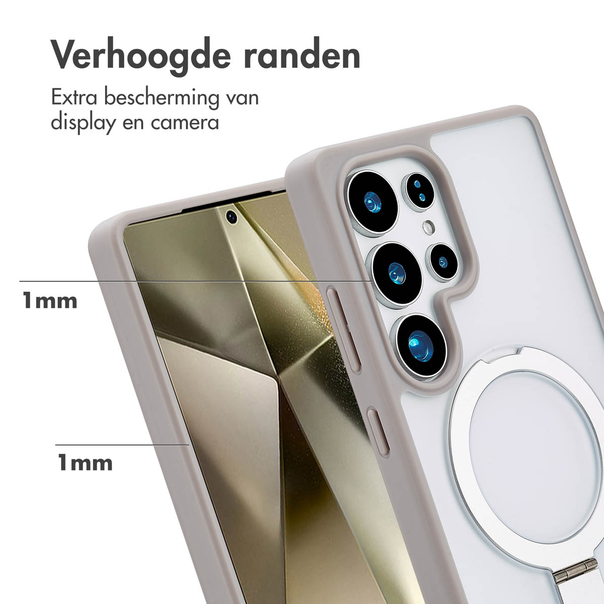 Une coque de téléphone avec des bords surélevés. Les bords mesurent 1 mm.