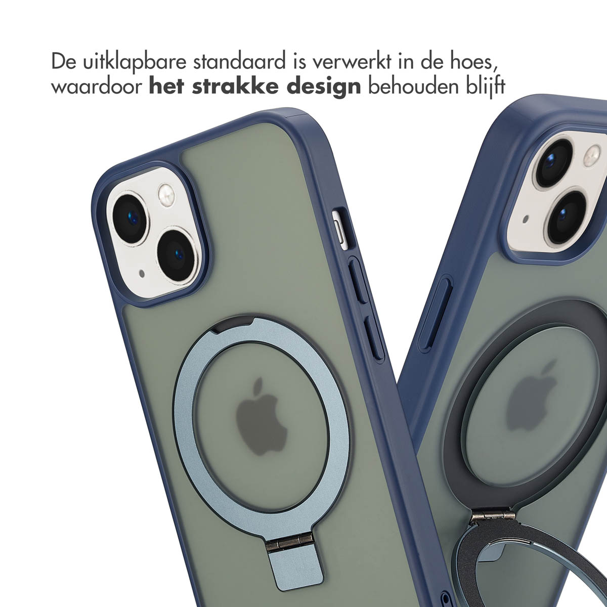 Twee telefoons met hoesjes, één met ringstandaard. Tekst: Het ontwerp blijft behouden.