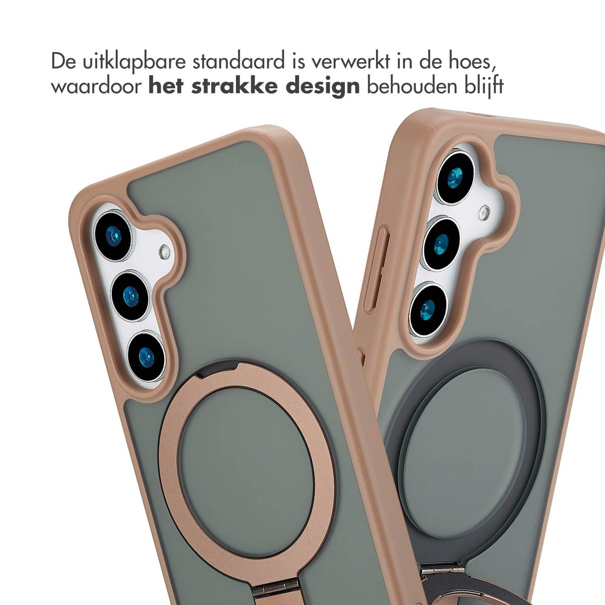 Twee telefoonhoesjes met een ringhouderstandaard. Ze worden in bruin en groen getoond.