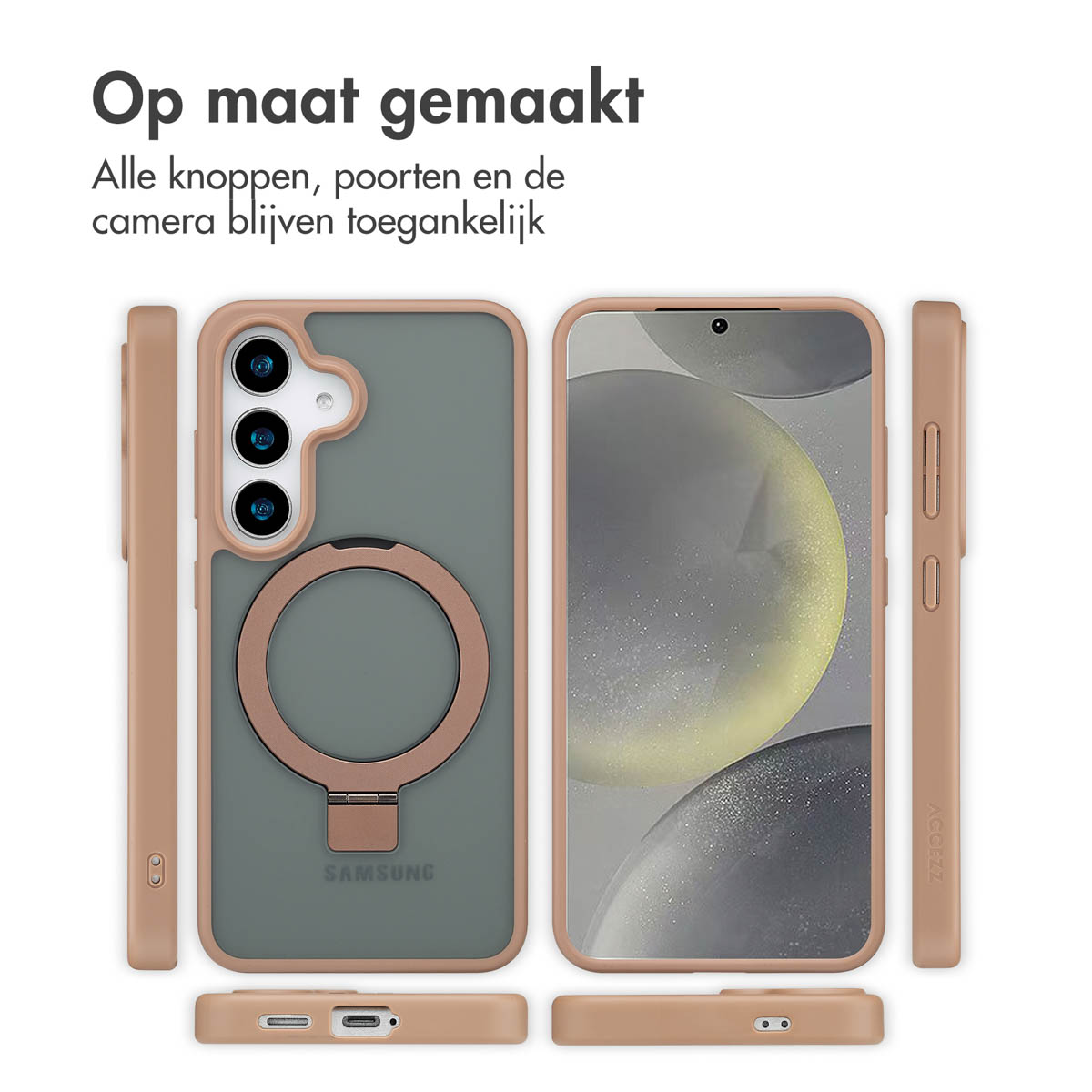 Bruine telefoonhoes met een ring op de achterkant. De telefoon zit in de hoes. Text: Op maat gemaakt.