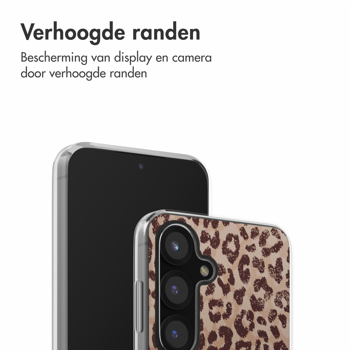 Telefoon in een hoesje met luipaardprint, met een doorzichtige rand en een zwart telefoonscherm.