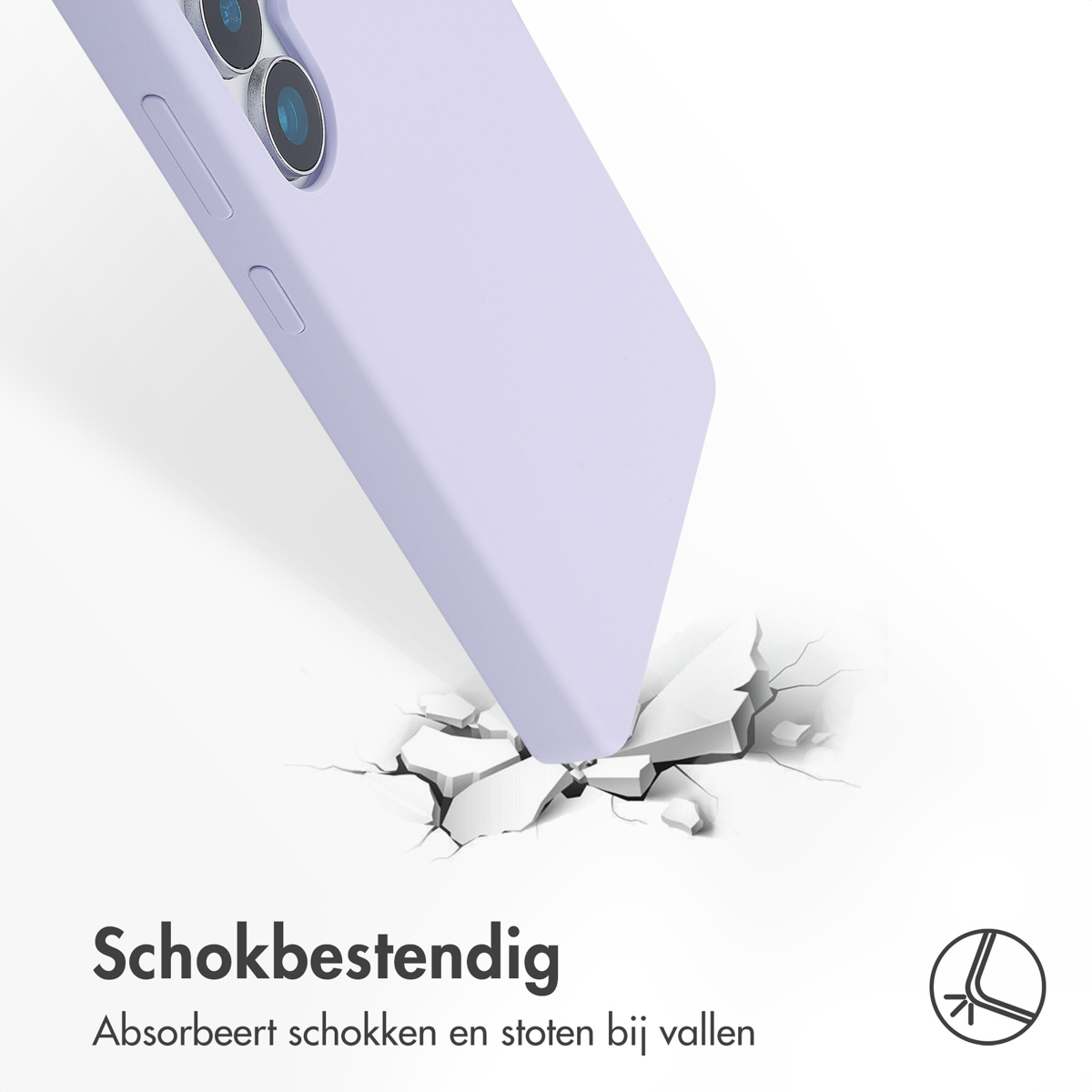 Paarse telefoonhoes valt, oppervlakte barst. Tekst: schokbestendig.