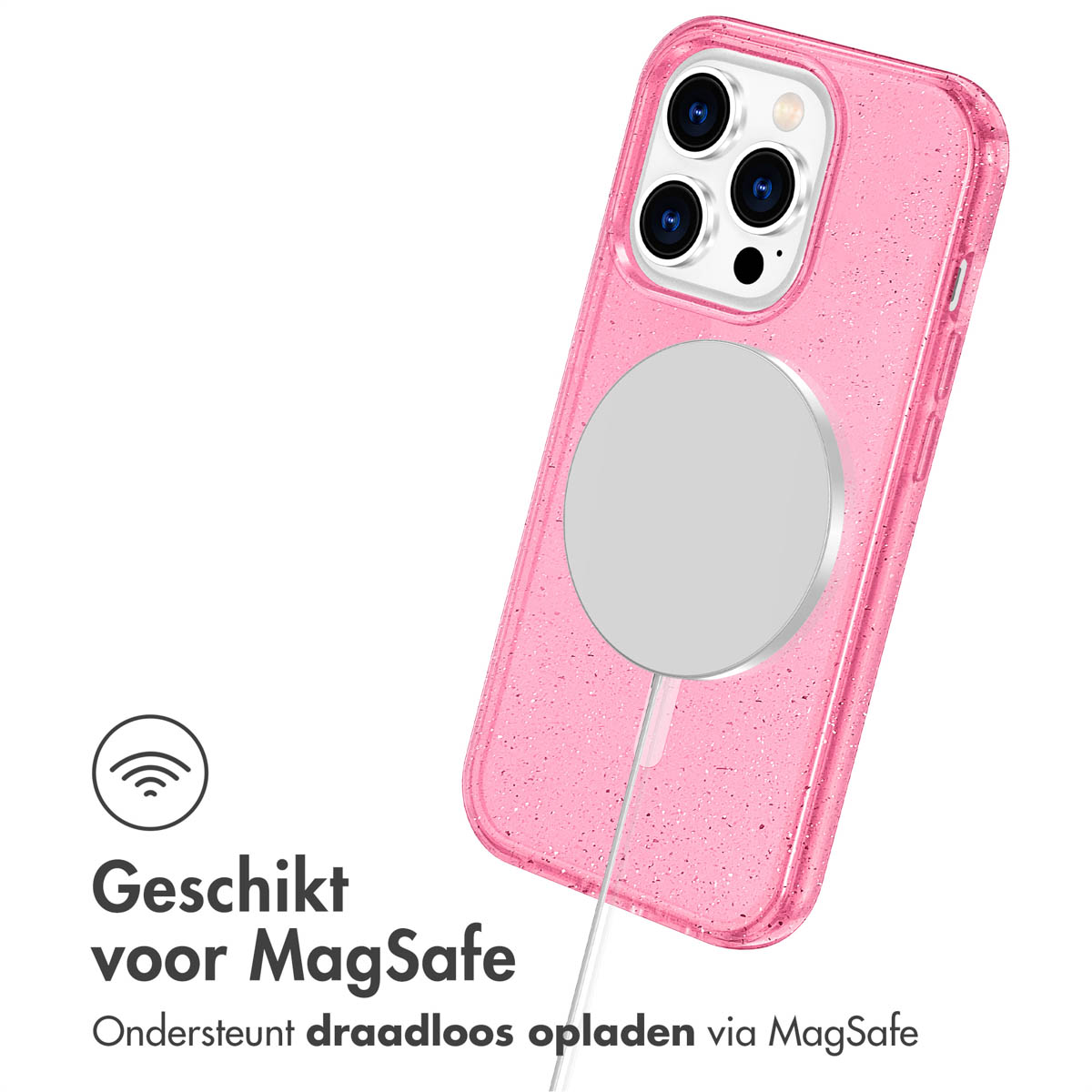 Coque de téléphone rose avec cercle argenté pour recharge sans fil. 'Adapté à MagSafe'.
