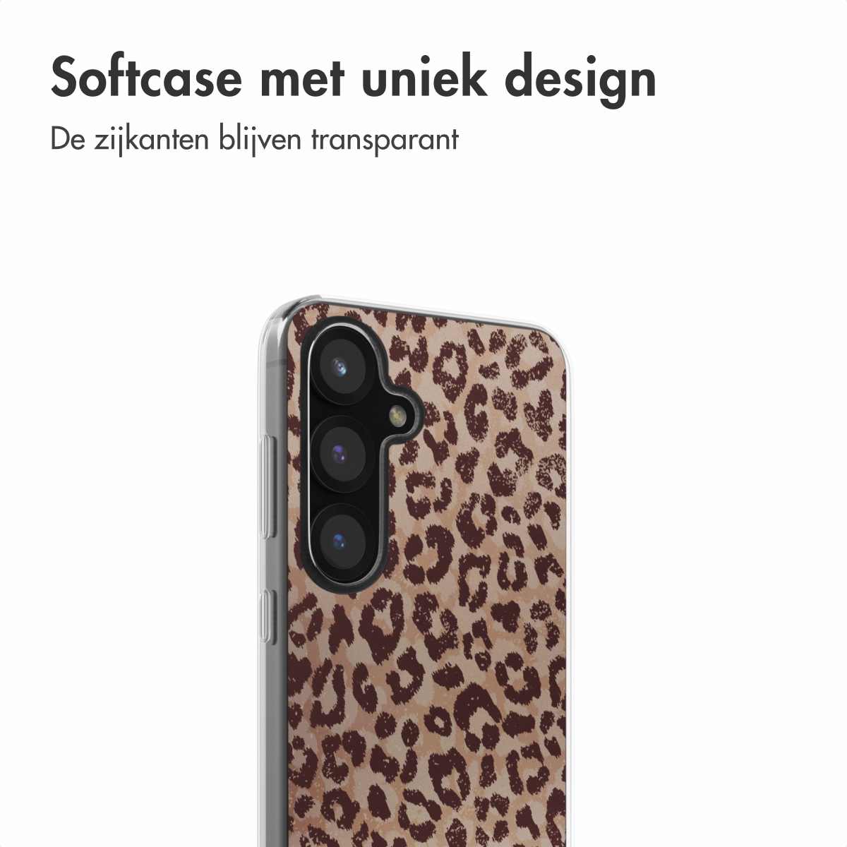 Transparante telefoonhoes met luipaardprint. Hoesje bedekt de achterkant van de telefoon.