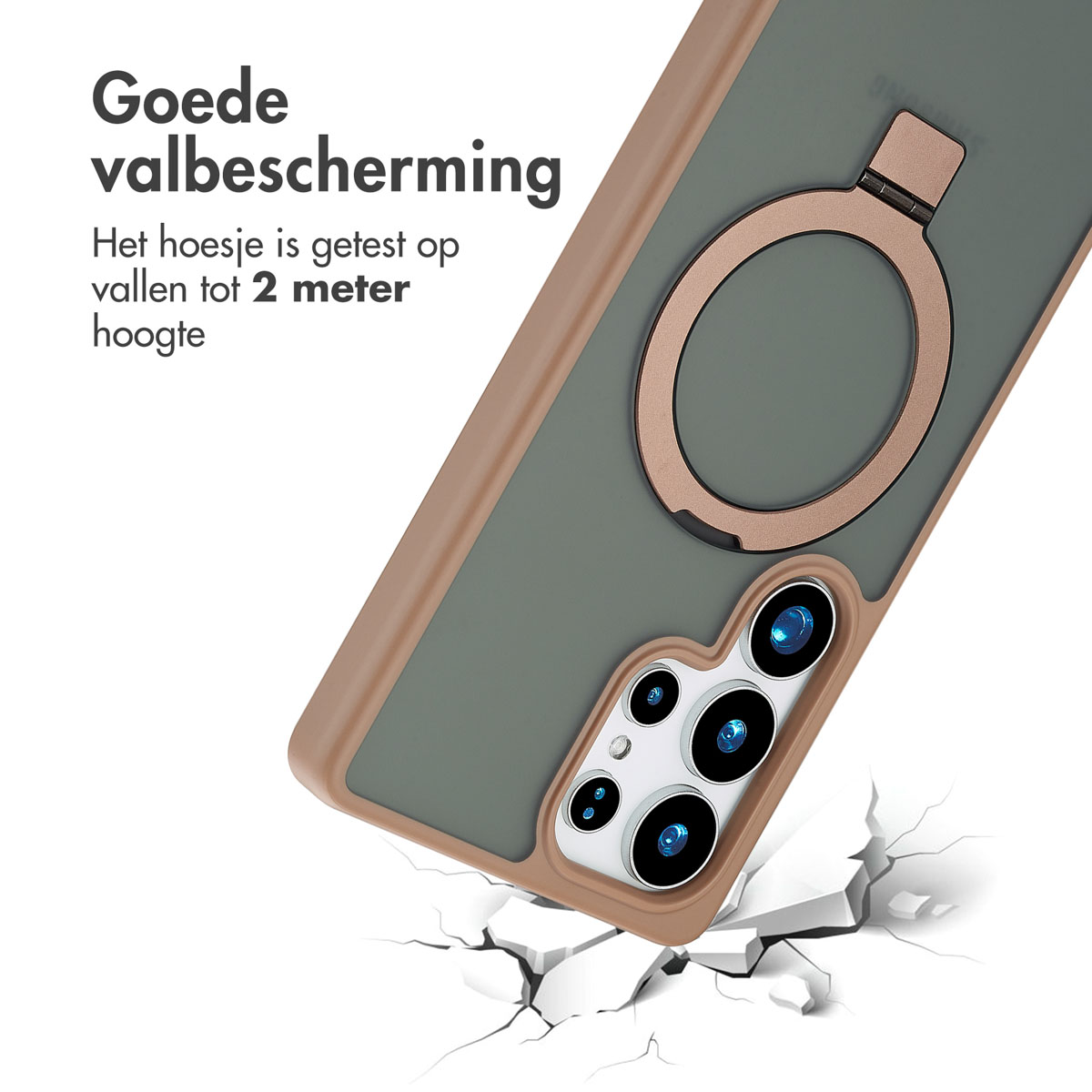 Une coque de téléphone est montrée en train de se casser à l'impact, avec un support à anneau et MagSafe.